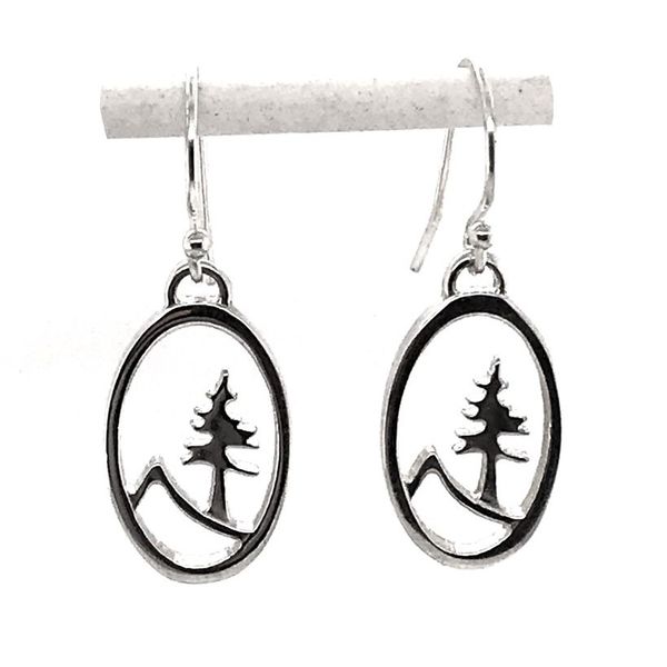Sterling Silver Medium Oval Tree and Mountain Earrings on French Wire Bluestone Jewelry Tahoe City, CA
