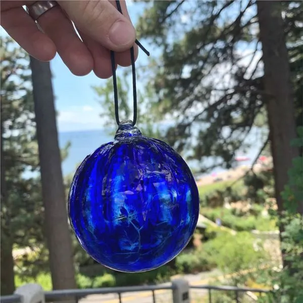 Custom Blown Glass Ornament in Blue Bluestone Jewelry Tahoe City, CA