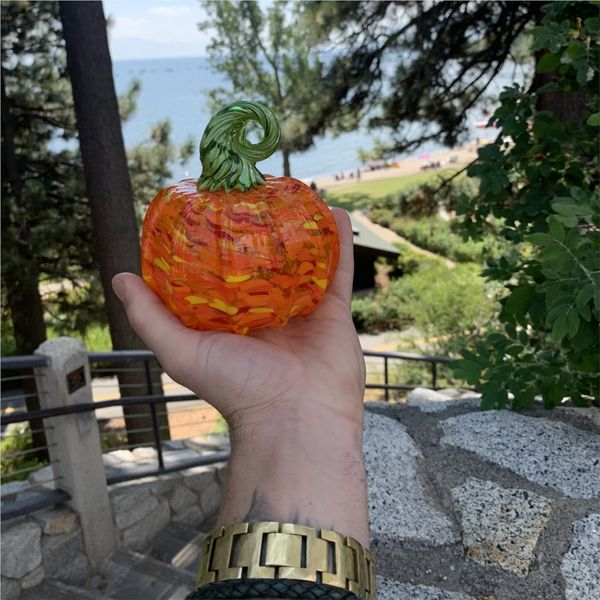 Custom Blown Glass Pumpkin with Orange and Green Image 2 Bluestone Jewelry Tahoe City, CA