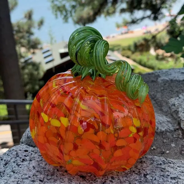 Custom Blown Glass Pumpkin with Orange and Green Image 3 Bluestone Jewelry Tahoe City, CA