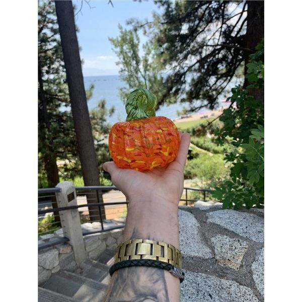Custom Blown Glass Pumpkin with Orange and Green Image 4 Bluestone Jewelry Tahoe City, CA