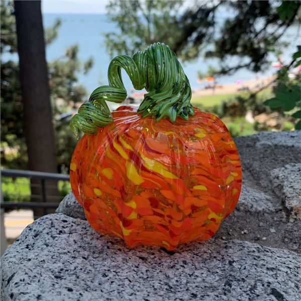 Custom Blown Glass Pumpkin with Orange and Green Image 5 Bluestone Jewelry Tahoe City, CA
