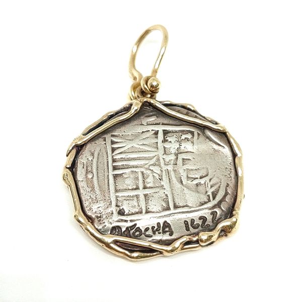 Estate Atocha Silver Coin in 14K Gold Dolphin Bezel Image 2 Blue Water Jewelers St. Augustine, FL