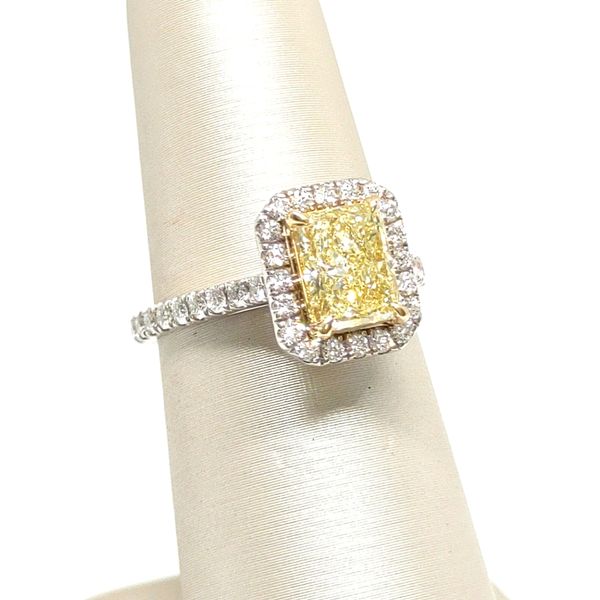 1.77 TCW Fancy Yellow Radiant Diamond Two&acirc;�'Tone Halo Ring Blue Water Jewelers Saint Augustine, FL