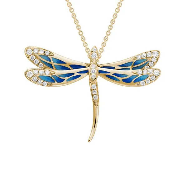 DIAMOND 0.30 TCW AND BLUE ENAMEL DRAGONFLY PENDANT NECKLACE Blue Water Jewelers Saint Augustine, FL