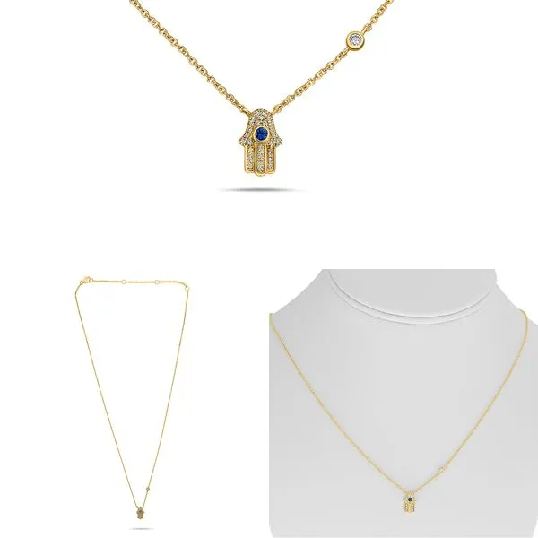 DIAMOND 0.10 TCW SAPP 0.50 CT EVIL EYE HAMSA PENDANT NECKLACE Blue Water Jewelers Saint Augustine, FL