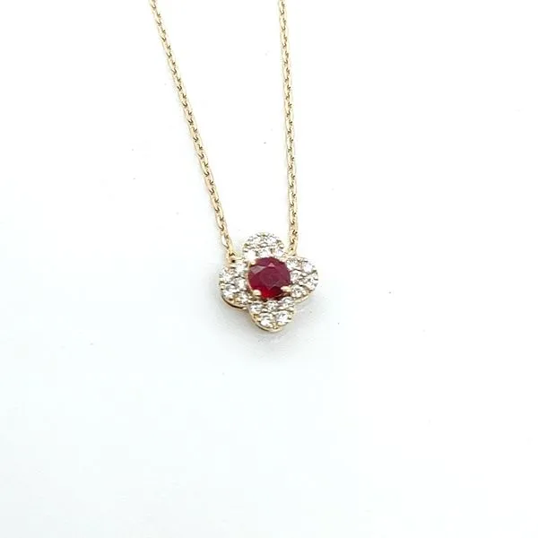 RUBY 0.20CT DIAMOND 0.10TCW FLOWER PENDANT NECKLACE Blue Water Jewelers Saint Augustine, FL