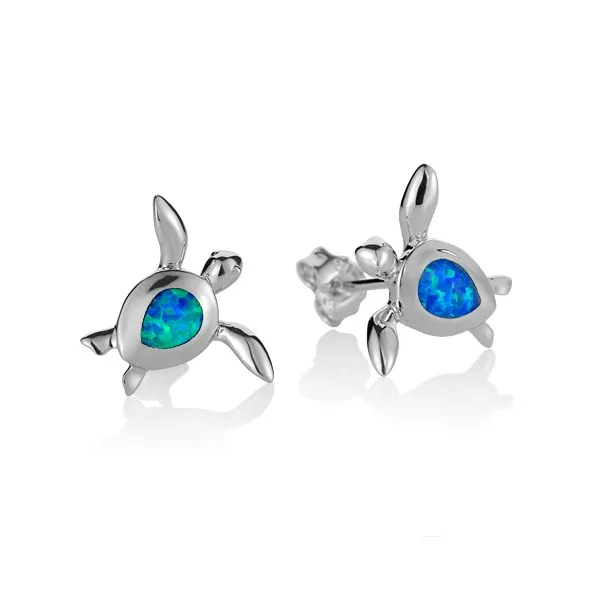 Sterling Silver Alamea Hawaii Blue Opal Honu Turtle Stud Earrings