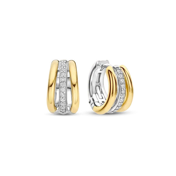 TI SENTO GOLD-PLATED SILVER CZ TWO-TONE HUGGIE EARRINGS Blue Water Jewelers Saint Augustine, FL