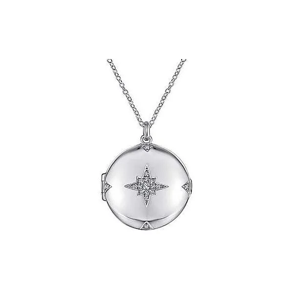SILVER AND WHITE SAPPHIRE STARBURST LOCKET NECKLACE Blue Water Jewelers Saint Augustine, FL