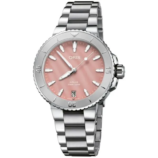 ORIS AQUIS DATE BLUSH PINK MOP 36.5MM WATCH Image 2 Blue Water Jewelers Saint Augustine, FL