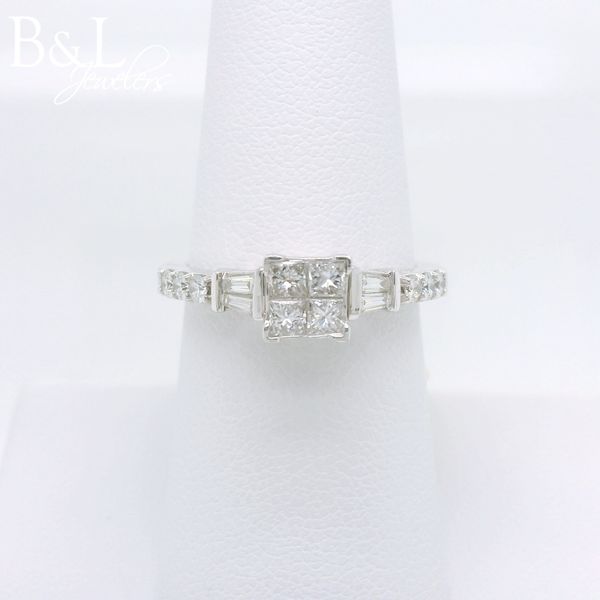 14k White Gold .62ctw Quad Head w/Baguette and Round Diamond Engagement Ring B & L Jewelers Danville, KY