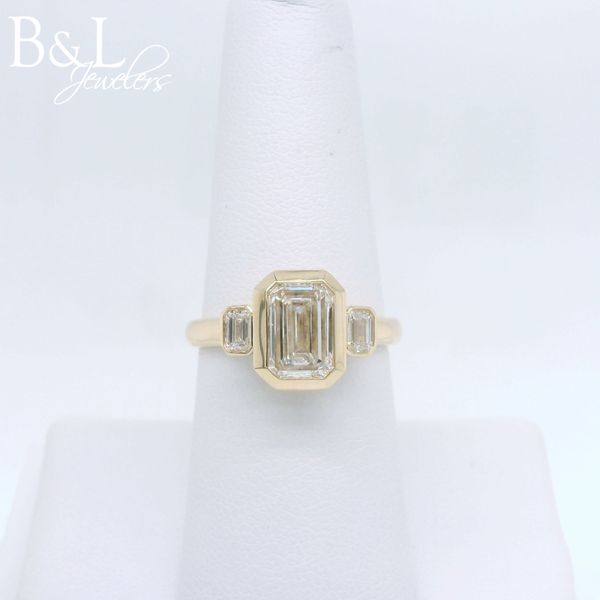 14K Yellow Gold 2.33ctw Emerald Lab Diamond 3 Stone Bezel Ring B & L Jewelers Danville, KY