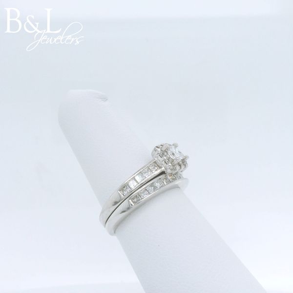 14k White Gold 1.19ctw Princess Halo and Channel Accent Wedding Set Image 2 B & L Jewelers Danville, KY