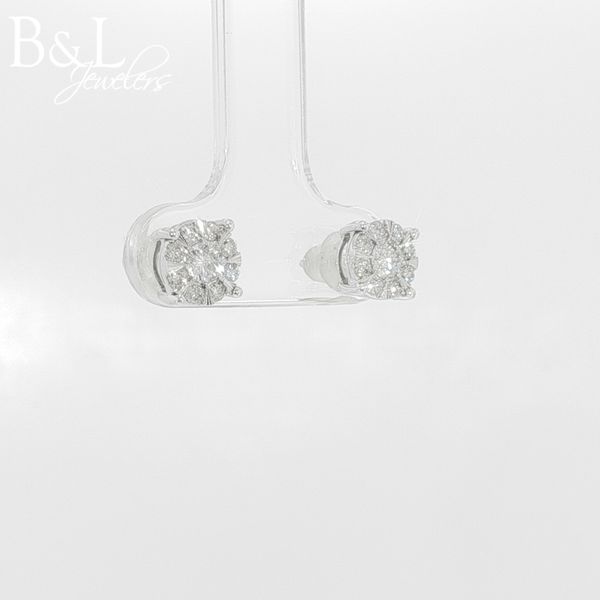 10k White Gold Round Halo Diamond Stud Earrings Image 2 B & L Jewelers Danville, KY