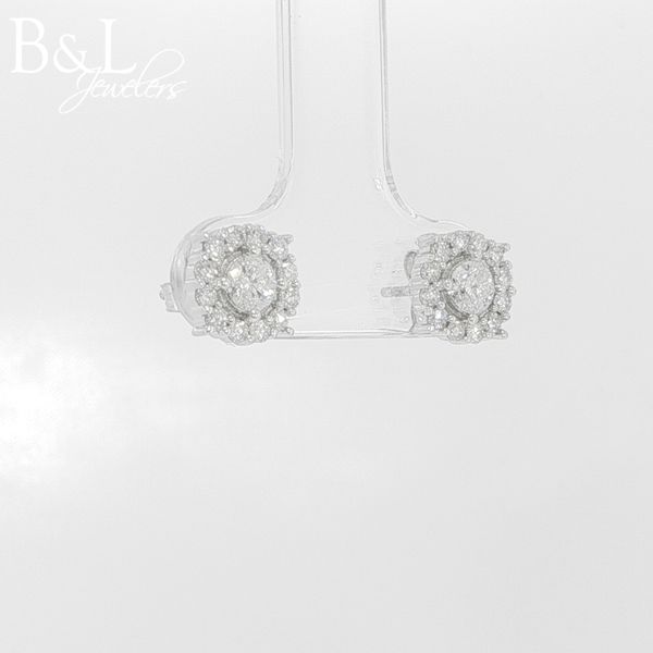 10k White Gold Round Diamond Halo Earrings Image 2 B & L Jewelers Danville, KY