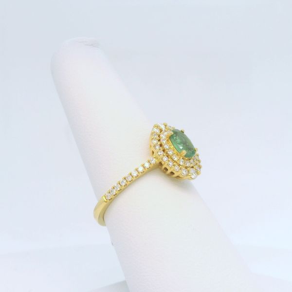 18k Yellow Gold .44ct Oval Emerald and .46ct Diamond Double Halo Ring Image 2 B & L Jewelers Danville, KY