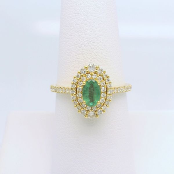 18k Yellow Gold .44ct Oval Emerald and .46ct Diamond Double Halo Ring B & L Jewelers Danville, KY