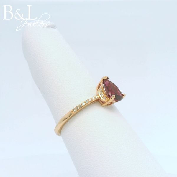10k Rose Gold Pear Rhodalite Garnet and .10ct Diamond Fashion Ring Image 2 B & L Jewelers Danville, KY