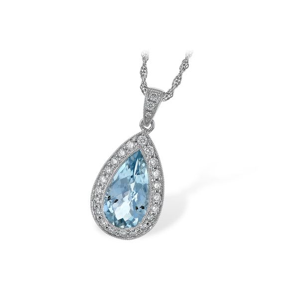 14K White Gold Pear Aquamarine and Diamond Halo Necklace B & L Jewelers Danville, KY