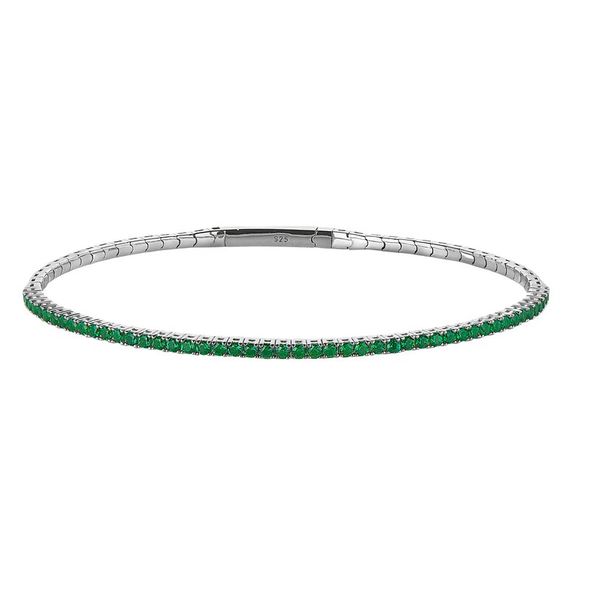 Sterling Silver Platinum Finish Single Row Flexible Bracelet with 1.75mm Simulated Emerald Birthstones B & L Jewelers Danville, KY