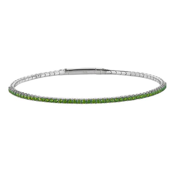 Sterling Silver Platinum Finish Single Row Flexible Bracelet with 1.75mm Simulated Peridot Birthstones B & L Jewelers Danville, KY