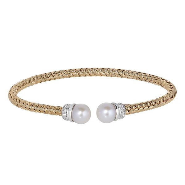 Sterling Silver Gold Finish Basketweave Cable Cuff Bracelet with Rhodium Finish Ends with Simulated Diamonds and a Pearl B & L Jewelers Danville, KY