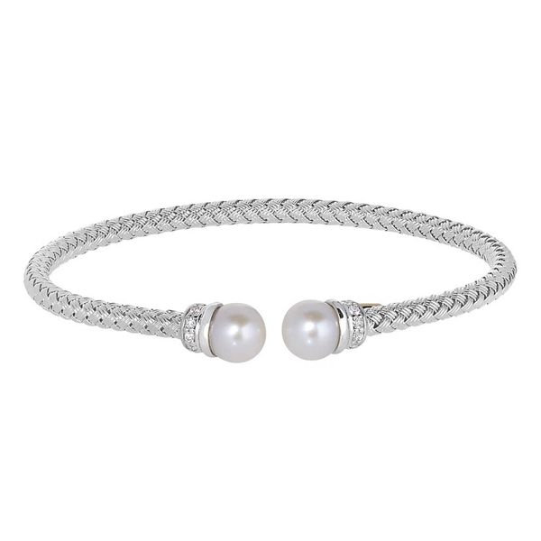 Sterling Silver Rhodium Finish Basketweave Cable Cuff Bracelet with Rhodium Finish Ends with Simulated Diamonds and a Pearl B & L Jewelers Danville, KY