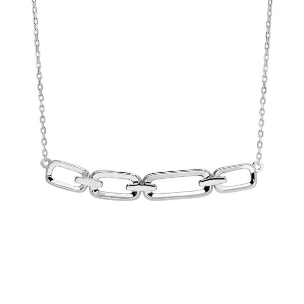 Sterling Silver Platinum Finish Necklace with Central Chain Link Design on 16