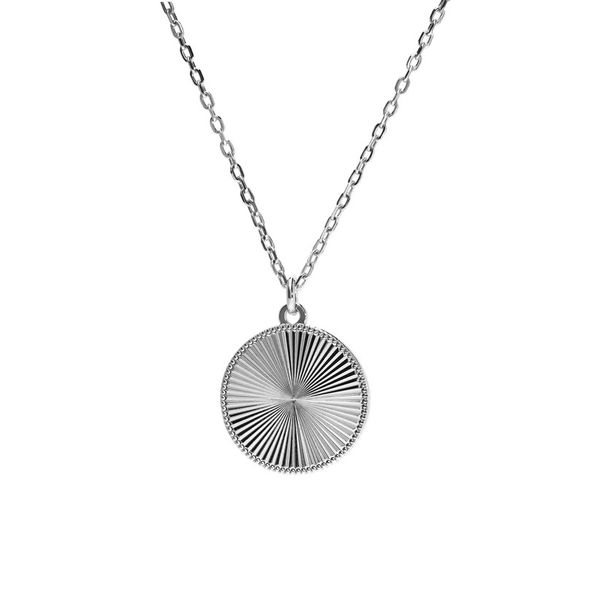 Sterling Silver Rhodium Finish Diamond Cut Round Sunburst Pendant on 16