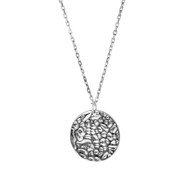 Sterling Silver Platinum Finish Hammered Disc Pendant on 16