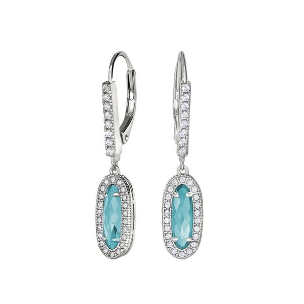 Sterling Silver Platinum Finish Oblong Simulated Blue Topaz with Simulated Diamond Halo Earrings B & L Jewelers Danville, KY