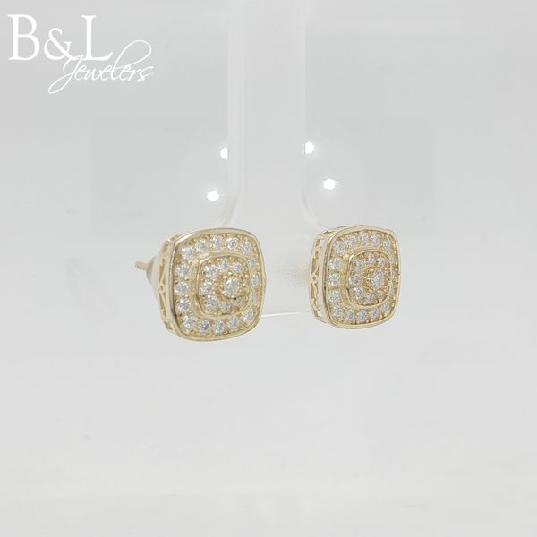 Sterling Silver Gold-Plated Cushion Double Halo 1ctw Moissanite Cluster Earrings Image 2 B & L Jewelers Danville, KY