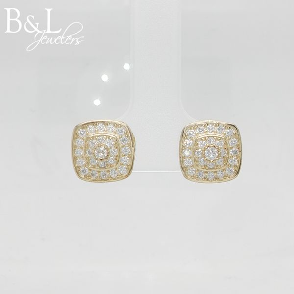 Sterling Silver Gold-Plated Cushion Double Halo 1ctw Moissanite Cluster Earrings B & L Jewelers Danville, KY