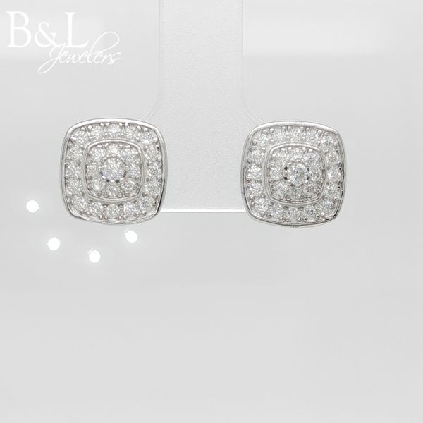 Sterling Silver Cushion Double Halo Moissanite Cluster Earrings 1ctw B & L Jewelers Danville, KY