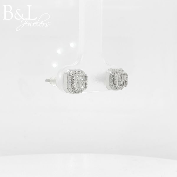 Sterling Silver 1ctw Moissanite Princess Halo Earrings with Baguette Center Image 2 B & L Jewelers Danville, KY