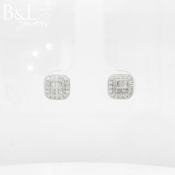 Sterling Silver 1ctw Moissanite Princess Halo Earrings with Baguette Center B & L Jewelers Danville, KY