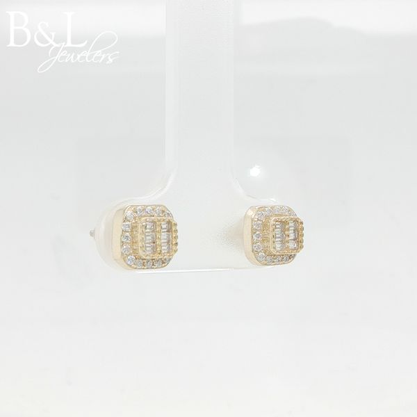 Sterling Silver Gold Plated Moissanite Halo Earrings with Baguette Centers 1ctw Image 2 B & L Jewelers Danville, KY
