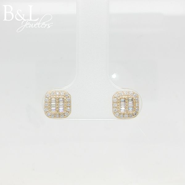 Sterling Silver Gold Plated Moissanite Halo Earrings with Baguette Centers 1ctw B & L Jewelers Danville, KY