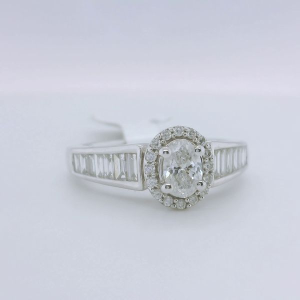 14K White Gold Oval Halo Diamond Bridal Ring with Baguette Sides - 0.90 CTW Image 2 Bradley's Jewelers Jacksonville, NC
