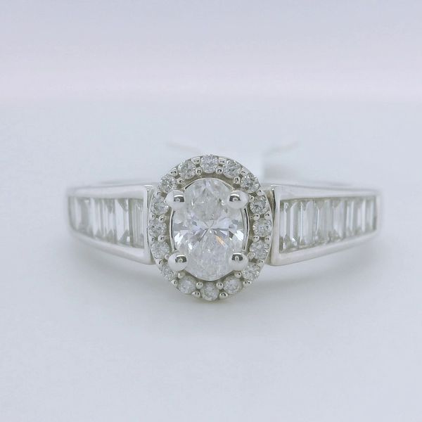 14K White Gold Oval Halo Diamond Bridal Ring with Baguette Sides - 0.90 CTW Bradley's Jewelers Jacksonville, NC
