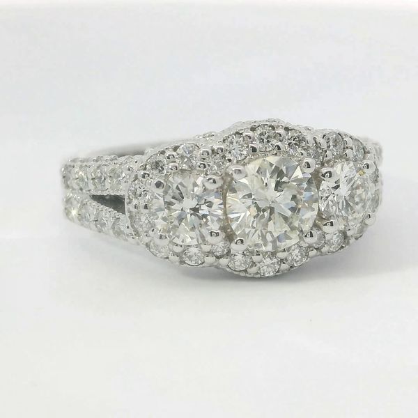 White 14K Gold Three Stone Halo Diamond Bridal Ring 1.95Ctw Round Diamonds Image 2 Bradley's Jewelers Jacksonville, NC