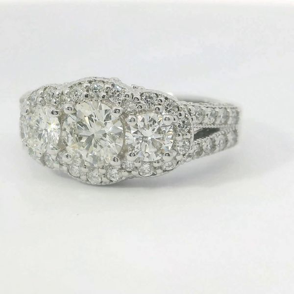 White 14K Gold Three Stone Halo Diamond Bridal Ring 1.95Ctw Round Diamonds Image 3 Bradley's Jewelers Jacksonville, NC