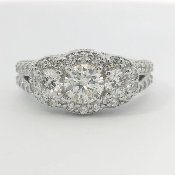 White 14K Gold Three Stone Halo Diamond Bridal Ring 1.95Ctw Round Diamonds Image 4 Bradley's Jewelers Jacksonville, NC