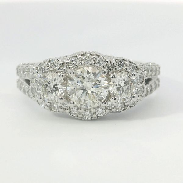 White 14K Gold Three Stone Halo Diamond Bridal Ring 1.95Ctw Round Diamonds Bradley's Jewelers Jacksonville, NC
