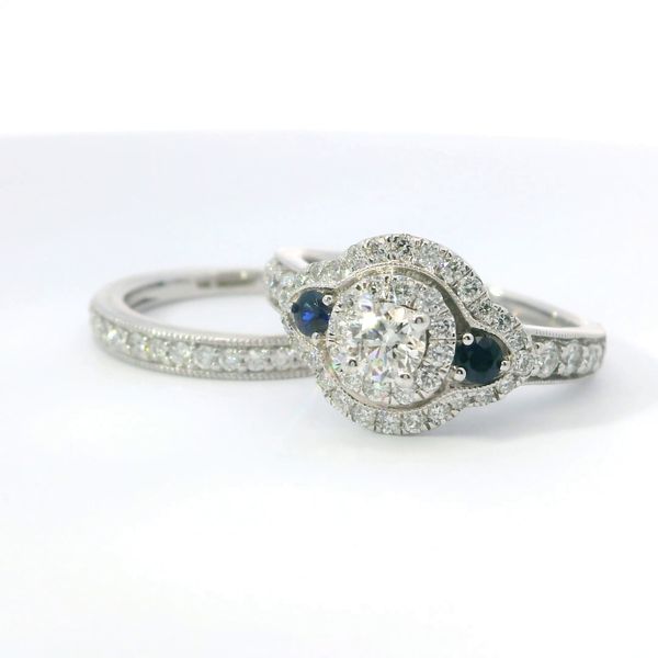 White 14K Gold Sapphire & Diamond Halo Bridal Set 1.25Ctw Round 2 Piece Set Image 3 Bradley's Jewelers Jacksonville, NC