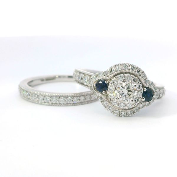 White 14K Gold Sapphire & Diamond Halo Bridal Set 1.25Ctw Round 2 Piece Set Bradley's Jewelers Jacksonville, NC