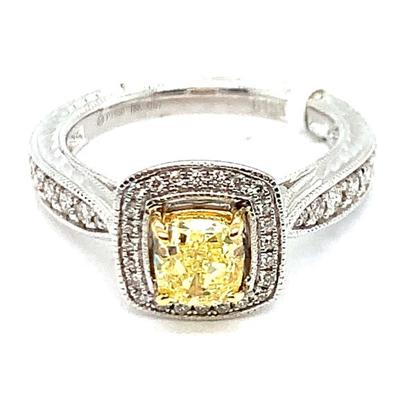 Platinum Etched Engagement Ring Cushion Yellow Diamond 1.00Ct With Diamond Accents Bradley's Jewelers Jacksonville, NC