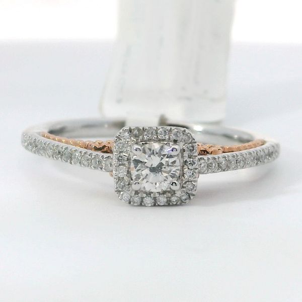14K White & Rose Gold Diamond Halo Ring | .33 CTW Diamond Ring Bradley's Jewelers Jacksonville, NC