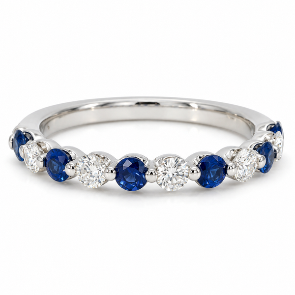 14K White Gold Shared-Prong Diamond & Sapphire Wedding Band Bradley's Jewelers Jacksonville, NC